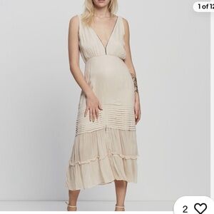 NWT Aura The Label Lauren Midi Dress Plunging V Neck Cream Large Slit Boho Chic